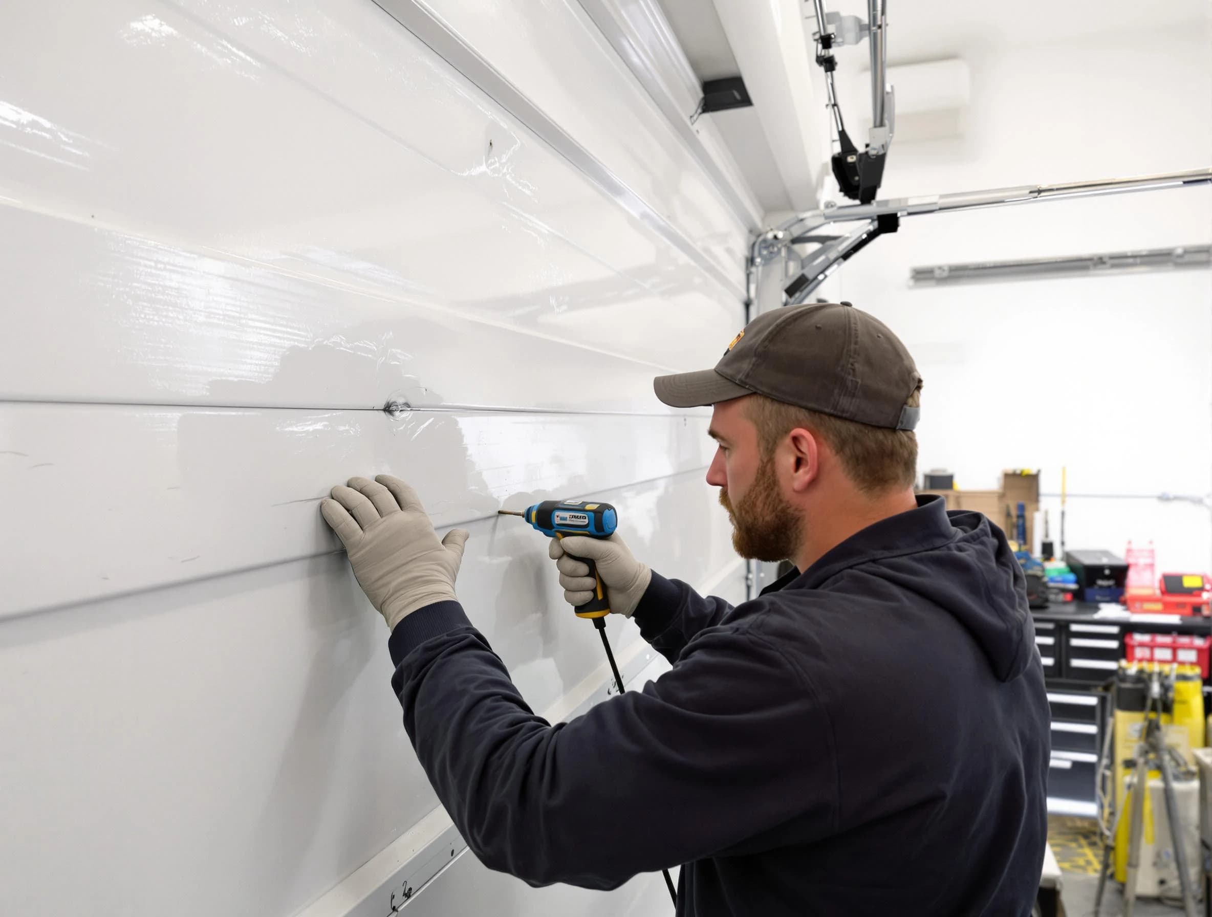 Alpharetta Garage Door Repair technician demonstrating precision dent removal techniques on a Alpharetta garage door