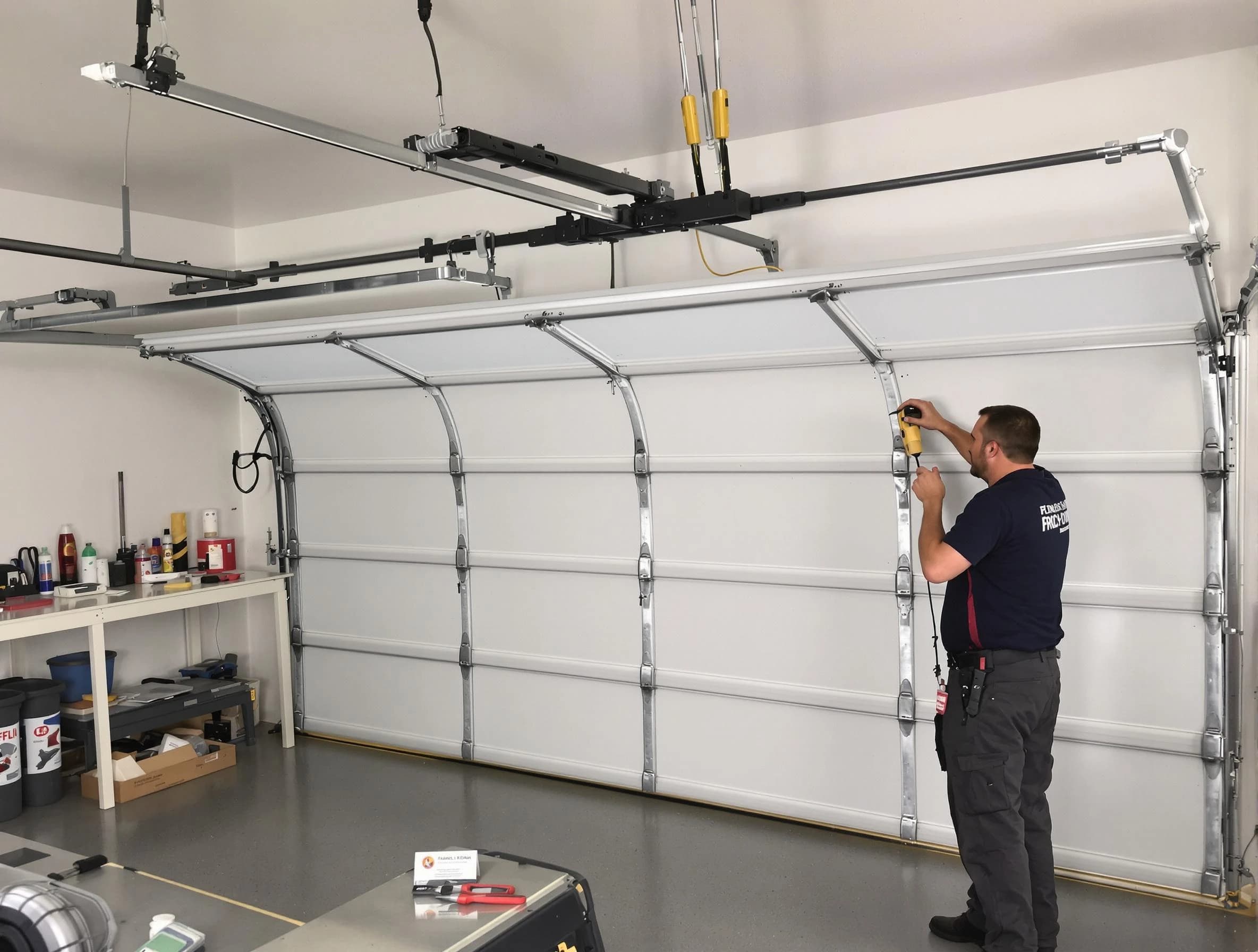 Alpharetta Garage Door Repair certified technician performing overhead door system repair in Alpharetta