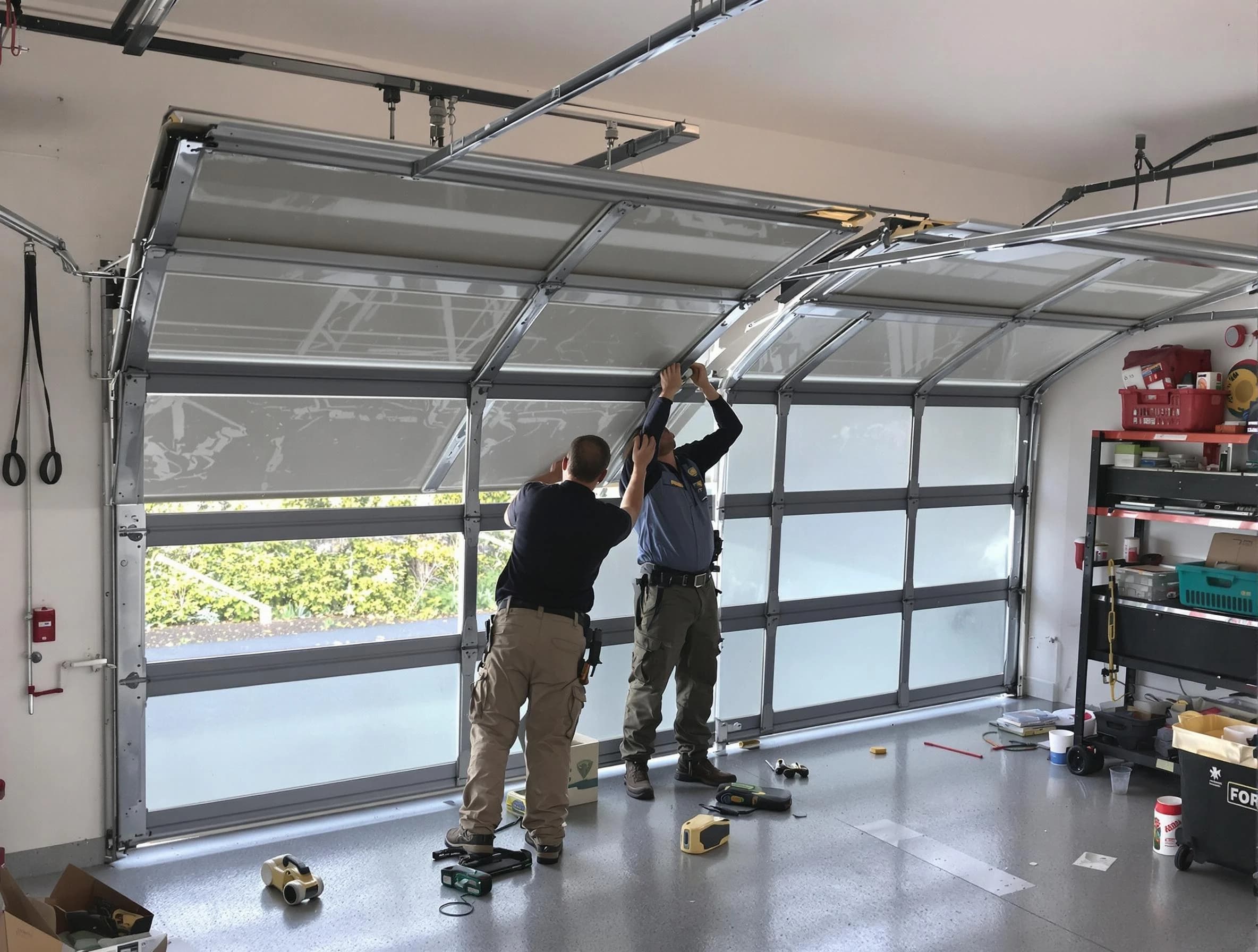 Alpharetta Garage Door Repair expert performing precise panel replacement on Alpharetta garage door