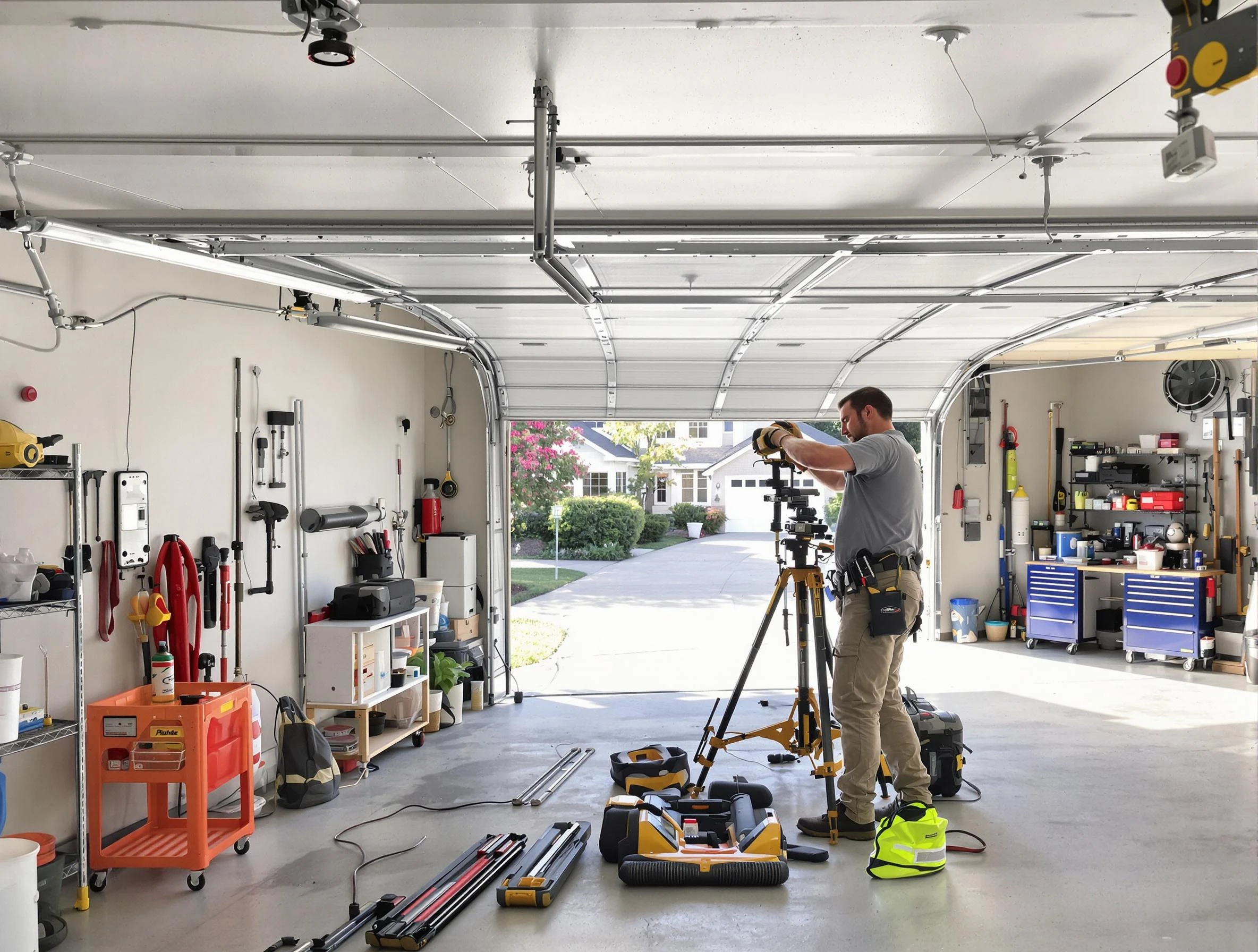 Alpharetta Garage Door Repair specialist performing laser-guided track alignment in Alpharetta